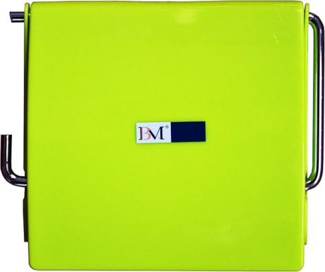 A neon yellow box featuring a metal handle, designed as a B & M toilet paper holder.