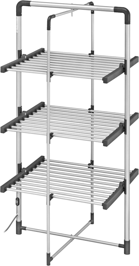 A three-tier rack with four shelves and a black handle, designed for drying clothes efficiently.